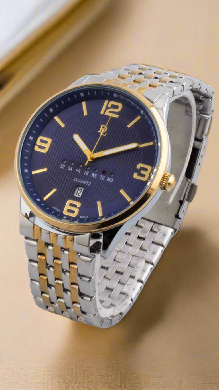 Wristwatch with a blue dial and two-tone metal band on a white background
