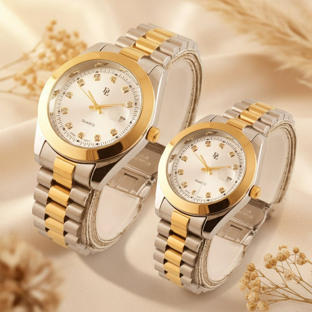 Two watches with gold and silver bands on a light gray background