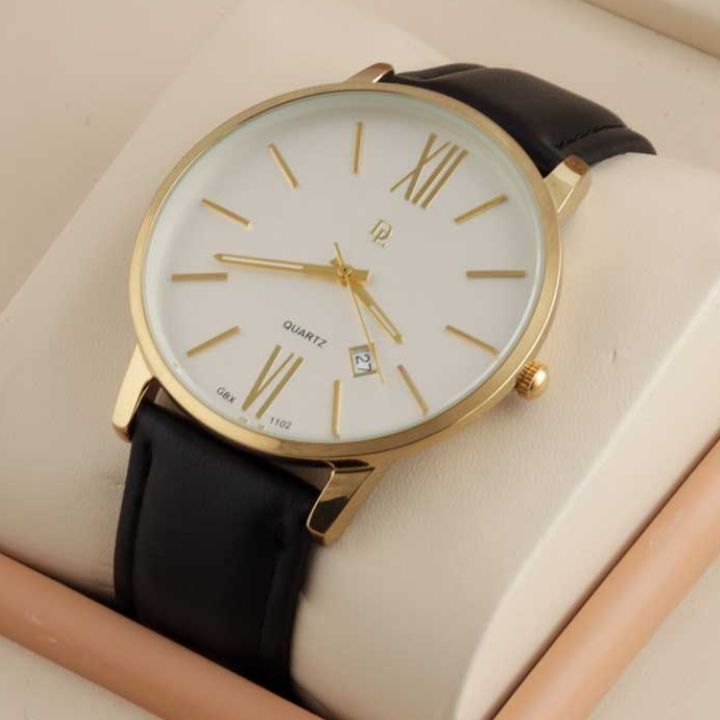 Black Leather Bristol White Dial White / Gold
